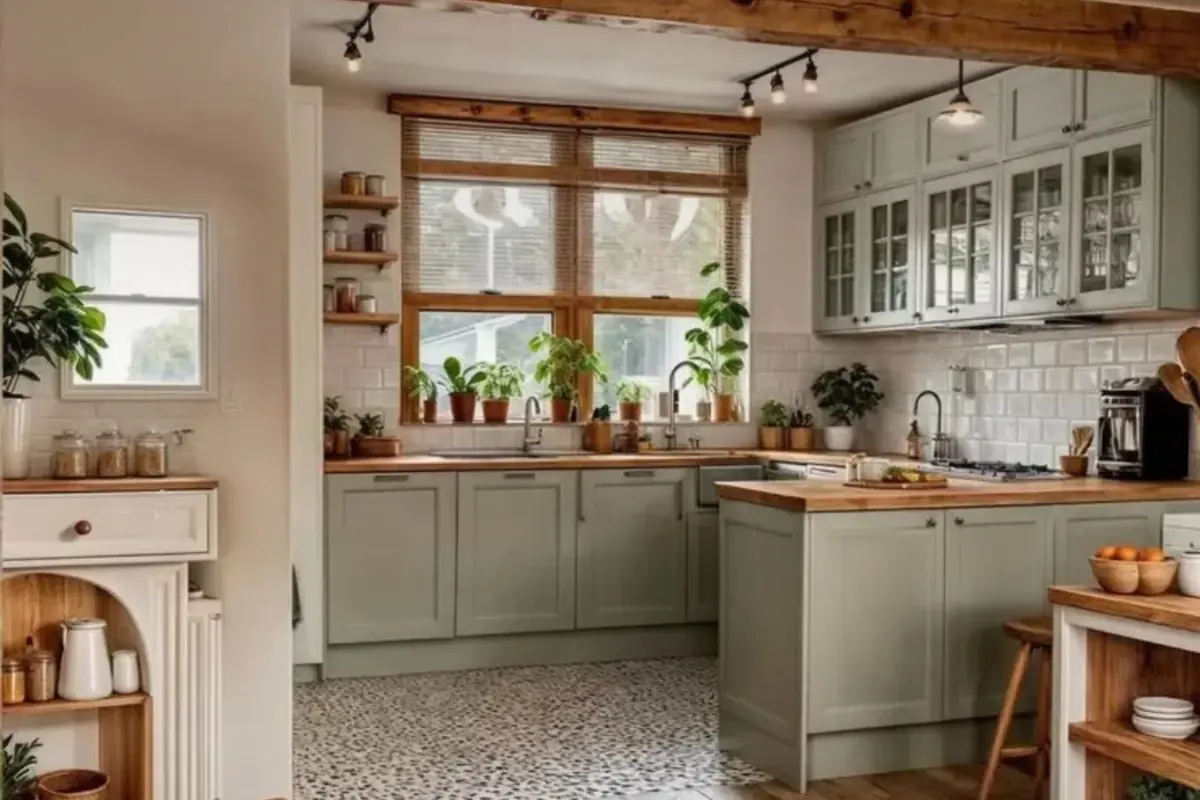 Imagem ilustrativa: cozinha com armários verde-sálvia, bancada de madeira e piso de ladrilho